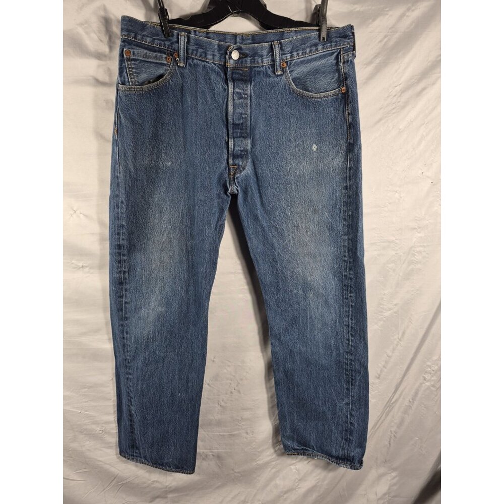 Levi's 501 Men's Blue Distressed Straight Leg Grunge Biker Jeans Size 38x32